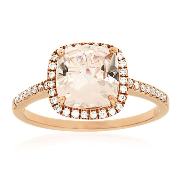 14 kt rose gold ring featuring a 2 carat cushion-shaped morganite surrounded by a halo of .18 total carat diamonds. This ring
