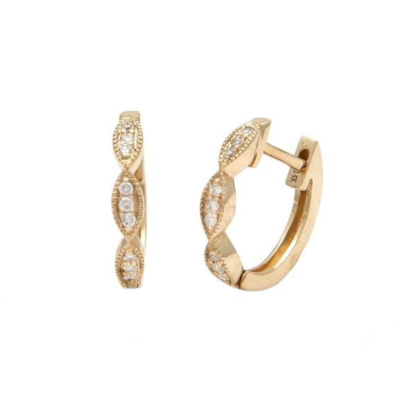 14 kt Yellow Gold Hoop Single Prong Diamond Earrings Diamond total weight is 0.07 . These earrings are 11.2 Mm in size. For m