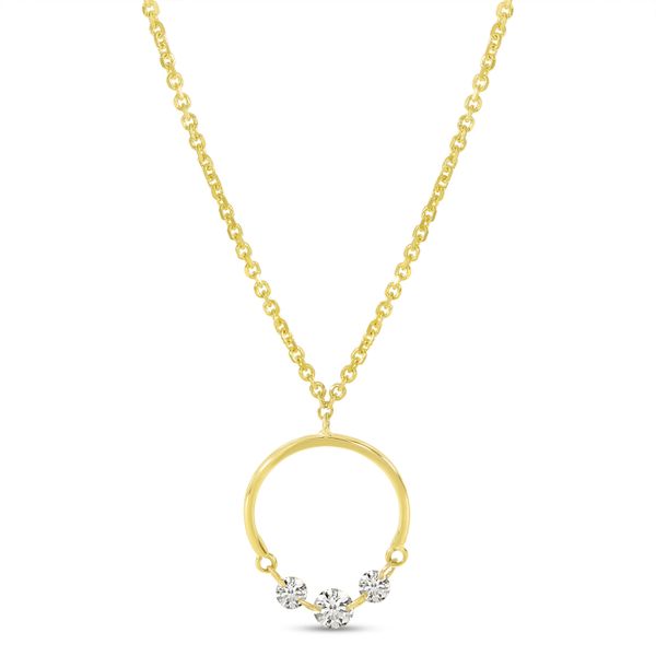  This 14K Yellow Gold 0.18 total carat weight Dashing Diamond Half Circle 18 inch Necklace is just stunning. The 14 kt metal 