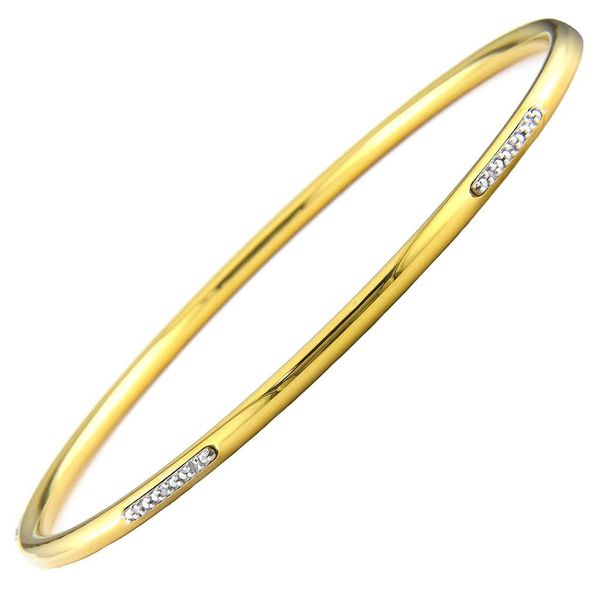 Stainless Steel Slip On Bracelet to fit over small to medium hand. This bracelet has a gold plating and 0.05 total diamond we