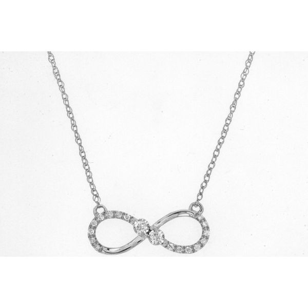 The perfect way to tell her FOREVER! This 14 kt white gold infinity necklace is accented with .10 total diamond weight.  For 
