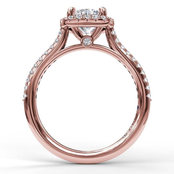 Rose Gold Delicate Cushion Halo Engagement Ring With Pave Shank