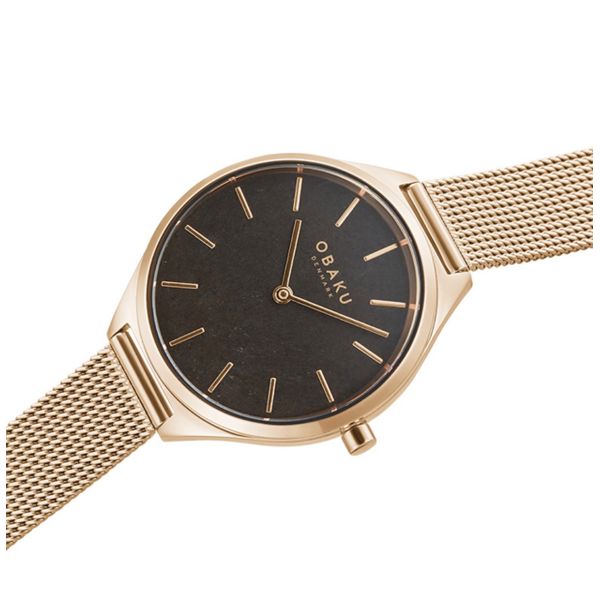 This stunning rose gold Obaku jewelry watch comes fitted with a beautiful brown recycled coffee grounds dial and a rose gold 