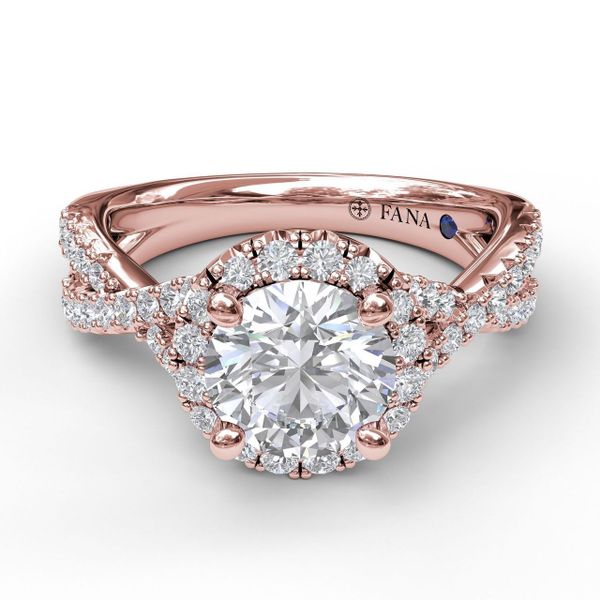 14 kt Rose Gold Round Halo Twist Band Engagement Ring 
