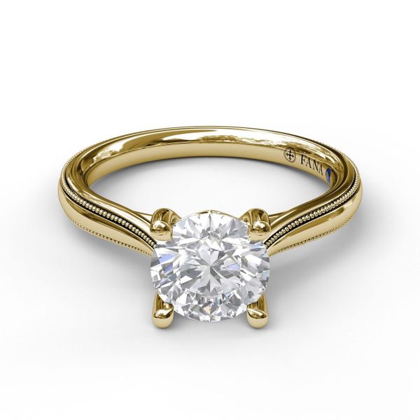 Yellow  Gold Round Cut Solitaire With Milgrain-Edged Band