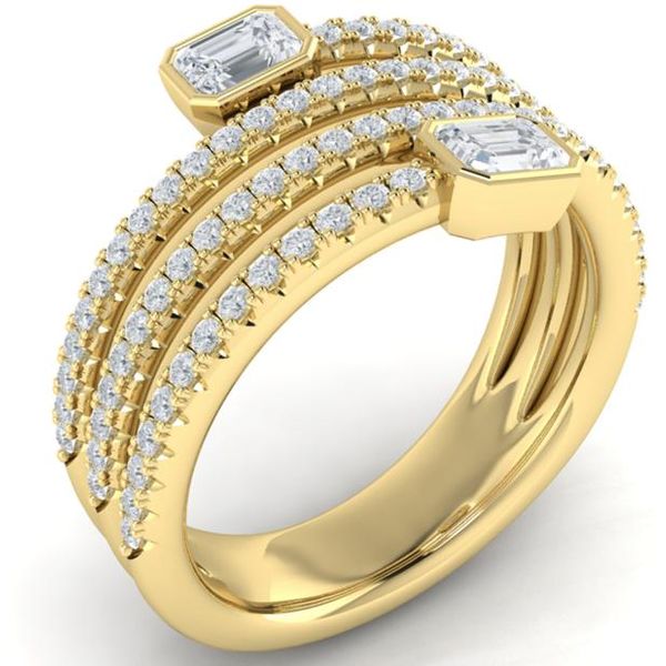 14kt yg .88ctw emerald cut & rnd dia faux 3 wrap bandSimply BREATHTAKING!! This 14 kt yellow gold ring will become your favor