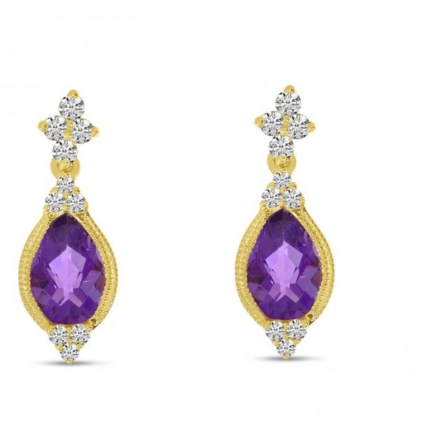 The pear-shaped amethyst measure 7x4 mm and are accented with 0.12 total diamond carat weight.  The 14 kt yellow gold weighs 