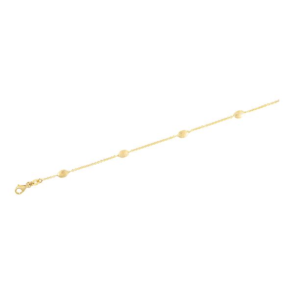14k yellow gold oval station bracelet is 7.5 inches in length. For further details on this product, please inquire on this we