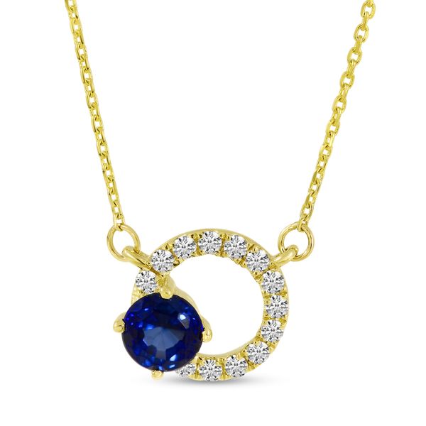 The 14K Yellow Gold necklace features a 4 mm round sapphire and it is accented with 0.08 total diamond weight.  The necklace 