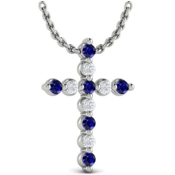 What a beautiful necklace!!  This 14 kt white gold cross pendant features 6 round sapphires and 5 round diamonds. The total s