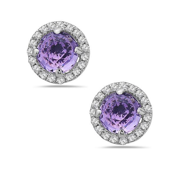 We love these simple earrings!  Each earring features a round amethyst of approximately .31 carats and each is surrounded by 