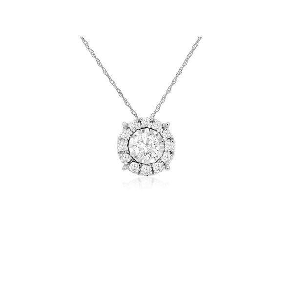 Love this round diamond solitaire necklace with a beautiful diamond halo to add just a little extra DAZZLE!  This 14 kt white