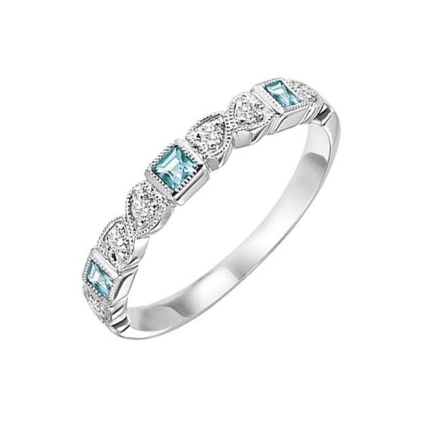 10KT White Gold & Diamond Aquamarine and Diamond Band. This lovely stackable band features 3 round  diamonds totaling 0.05 ca