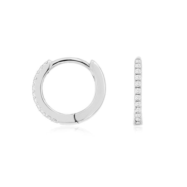 You've got to have a pair of huggie hoops!!  We love these simple 14 kt white gold hoops featuring 0.07 total diamond weight.