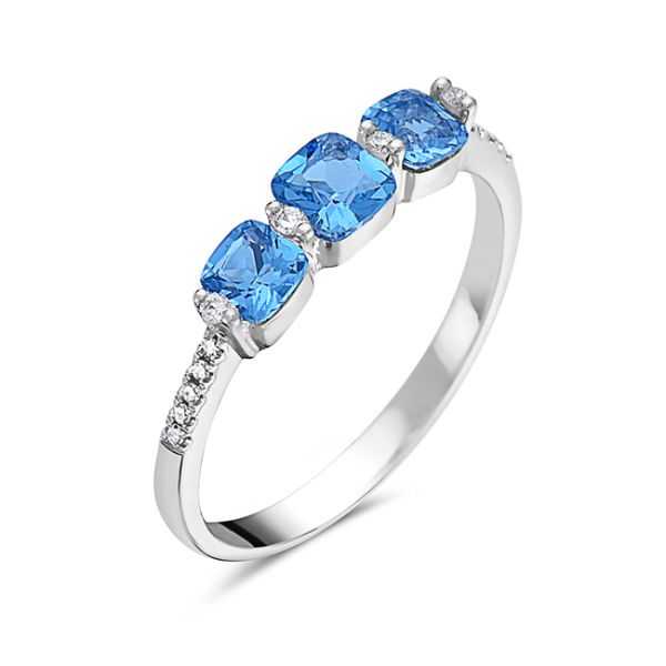 This 3 stone blue topaz ring is stunning. It features 3 cushion cut blue topaz stones that are .26 carats each. The blue topa