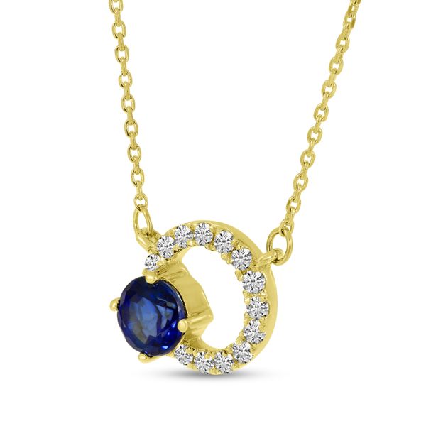 The 14K Yellow Gold necklace features a 4 mm round sapphire and it is accented with 0.08 total diamond weight.  The necklace 