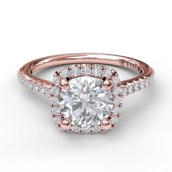 Rose Gold Delicate Cushion Halo Engagement Ring With Pave Shank