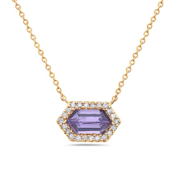 Take your February birthstone to a whole new level with this beautiful .71 carat slender-hexagon-shaped amethyst surrounded b