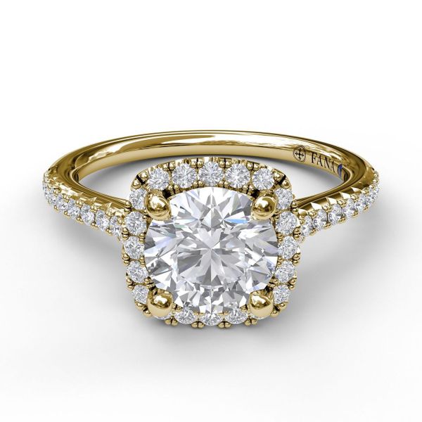 Yellow Gold Delicate Cushion Halo Engagement Ring With Pave Shank
