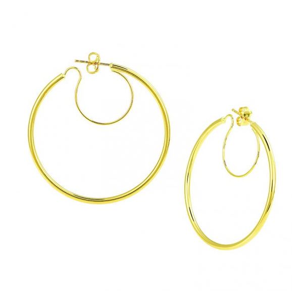 14k yellow gold 65mm hoop earring with support wire and post.  For further product details, inquire on this website or text 6