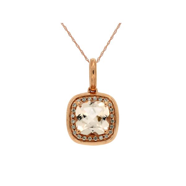If you love Morganite, you will love this necklace! This 14 kt rose gold necklace features a 1.25 carat cushion morganite wit