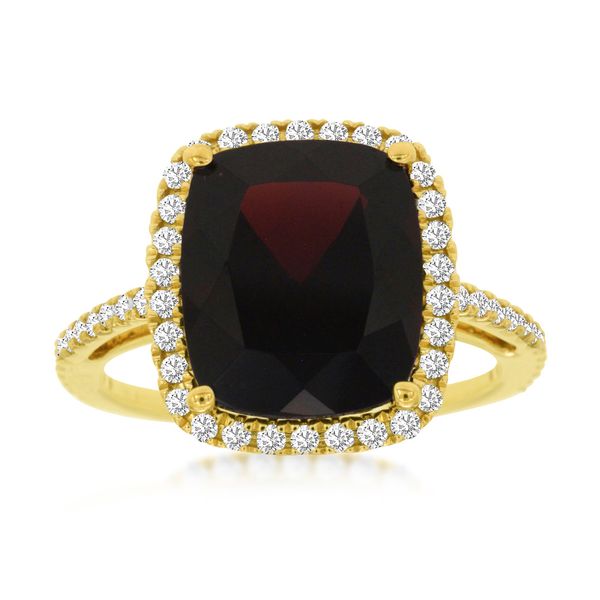 This ring is stunning.  This 5.50 carat cushion-shaped garnet ring is surrounded by a diamond halo totaling .38 carats. Garne