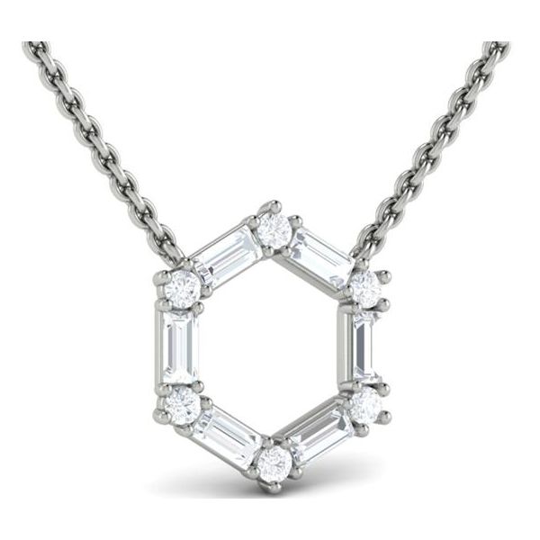 Simply SPECTACULAR!!  This hexagon pendant is adorned with beautiful baguette and round diamonds.  the 14 kt white gold penda