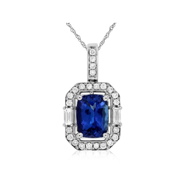 Just GORGEOUS!!  This emerald-shaped 1.60 carat sapphire is surrounded by an eight-sided diamond halo totaling .27 carats.  S