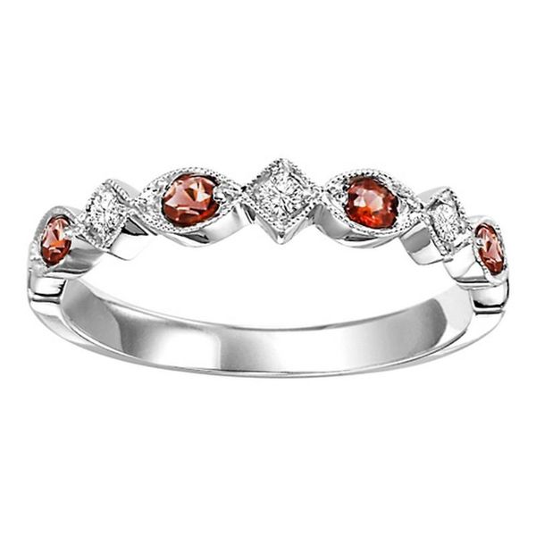 The perfect ring to stack or wear alone. Garnet is the birthstone for January.  10 kt white gold band with .17 garnet total g
