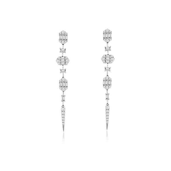 These are so much fun and bring a dazzling  look to to ear!  These 14 kt white gold earrings dangle with beautiful round and 