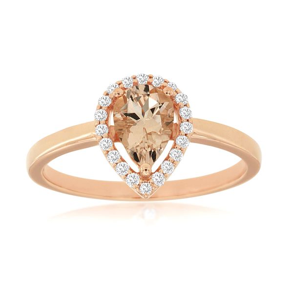 Such a great ring for graduation or for a birthday gift. This 14 kt rose gold ring features a .65 carat pear-shaped Morganite