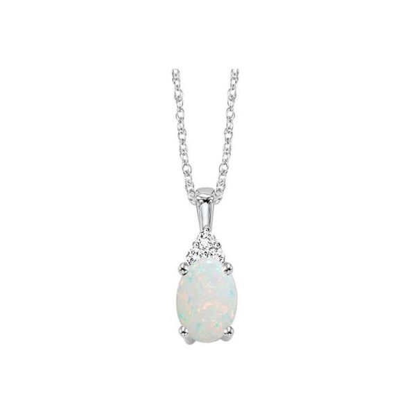 This is a gorgeous necklace for that October birthday!  It features an opal with 0.03 carat total diamond weight accents. Thi