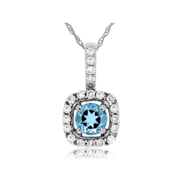 This lovely 14 kt white gold necklace features a .25 carat round aquamarine stone set in a diamond cushion halo. Diamonds als