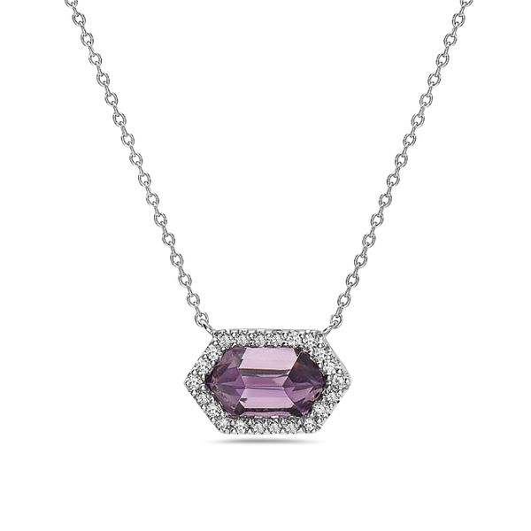 This unique amethyst necklace is sure to please even the pickiest of recipients.  This 14 kt white gold 18 inch necklace feat