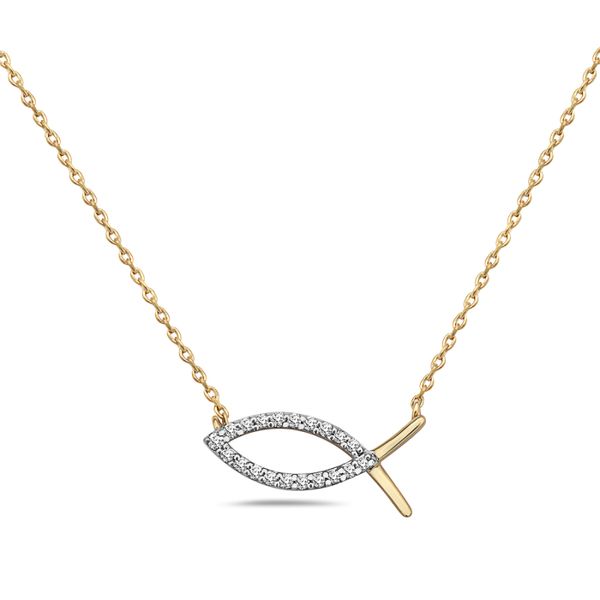 This is a beautiful necklace to add to your collection. This 14 kt two-tone diamond icthus necklace features 20 round diamond