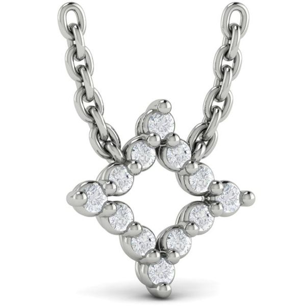 Pictures don't do it justice!!  This 14 kt white gold diamond necklace is stunning on the neck. The pendant is a fancy rhombu