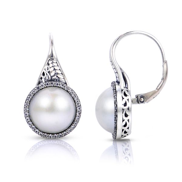 Sterling silver rhodium plated 11-12MM MOBE PEARL & WHITE TOPAZ LEVERBACK EARRING. For further product details, please inquir