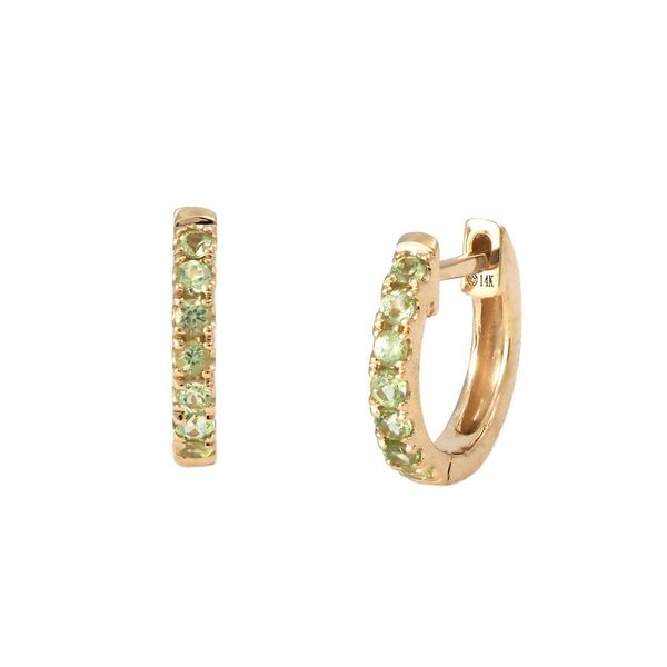 14 kt yellow gold peridot 10.2 mm huggie hoop earrings featuring 0.26 carat weight gemstone going approximately halfway aroun