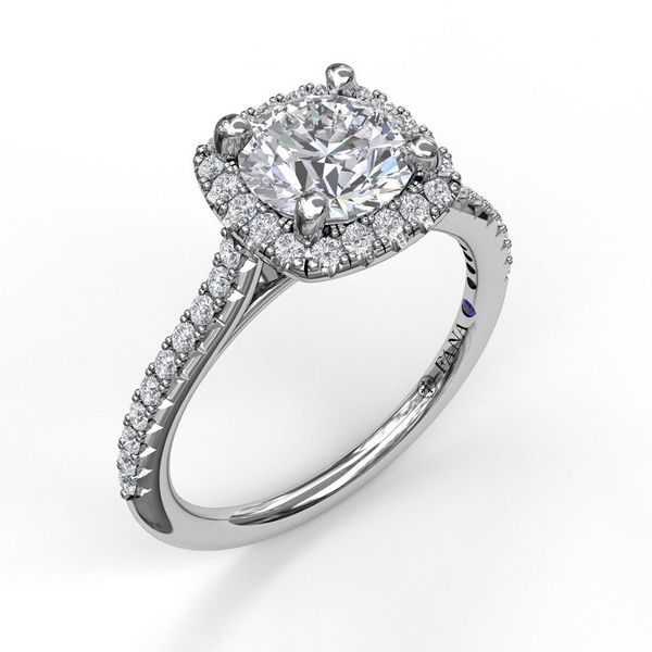 White Gold Delicate Cushion Halo Engagement Ring With Pave Shank