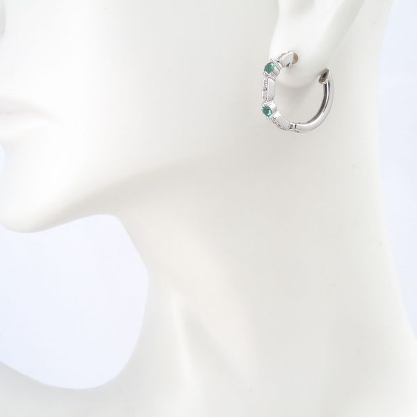14 kt White Gold Diamond and Emerald Small Hoop Earrings Image 2 Parris Jewelers Hattiesburg, MS
