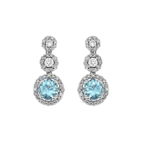 We love these gorgeous aquamarine earrings!  These 14 kt white gold dangle earrings feature three charms in ascending size fr