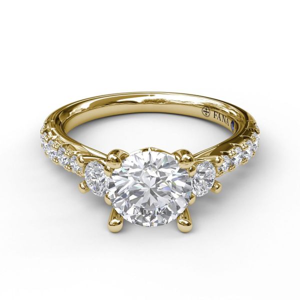 Yellow Gold Three Stone With Pave Engagement Ring
