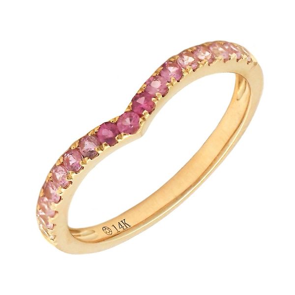 14 kt Pink and White Sapphire V Band. The 0.42 carat weight sapphires go 3/4 around the band and the ring can be sized to fit