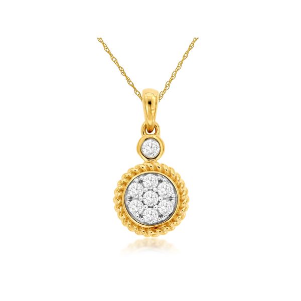 We love this youthful look! This gorgeous 14 kt yellow gold necklace features a small diamond pendant hanging from the bale o