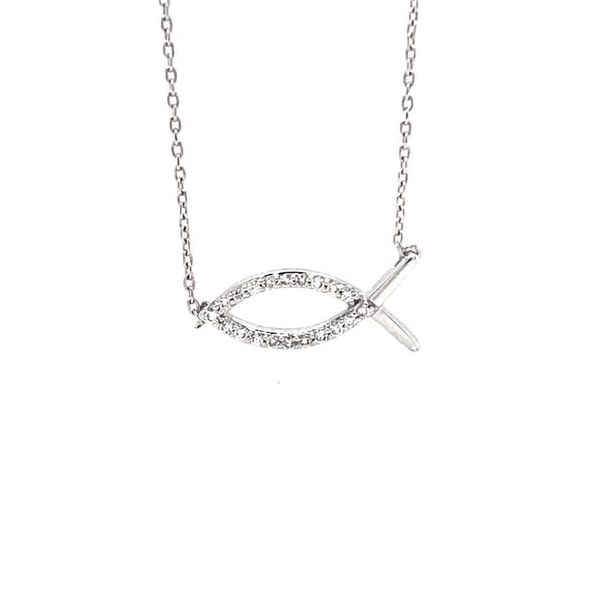This is a beautiful necklace to add to your collection. This 14 kt white gold diamond icthus necklace features 20 round diamo