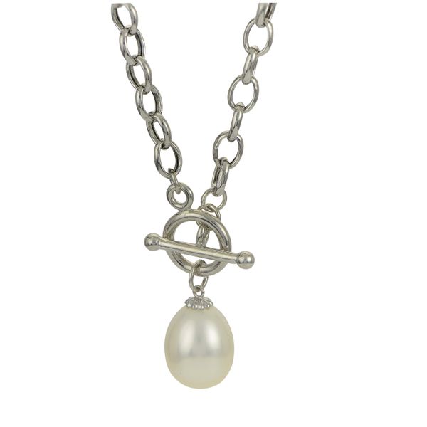 TOP SELLER!!  Sterling Silver  11-12 MM FW CULTURED  PEARL OVAL ROLO CHAIN TOGGLE NECKLACE.  NECKLACE IS APPROXIMATELY 18