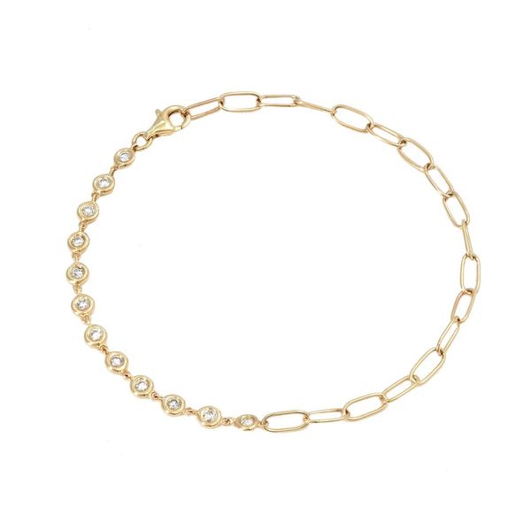 14 kt Yellow Gold Fashion Round Bezel Diamond Bracelet on a  W/ Paper Clip Chain.  Total diamond weight is 0.33. This bracele