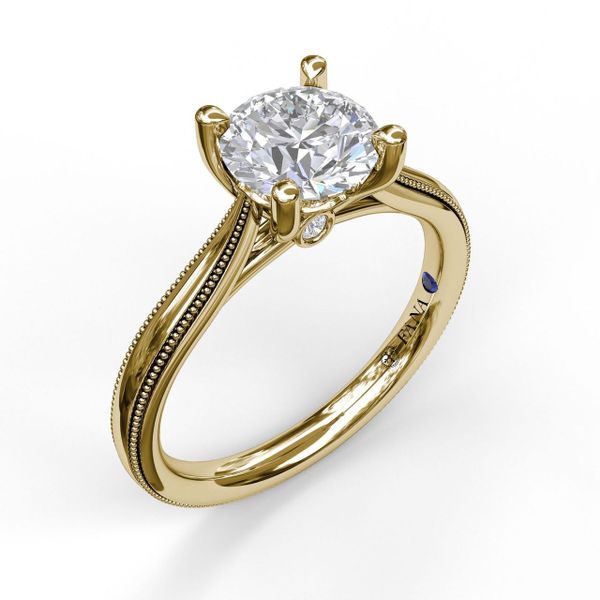 Yellow  Gold Round Cut Solitaire With Milgrain-Edged Band