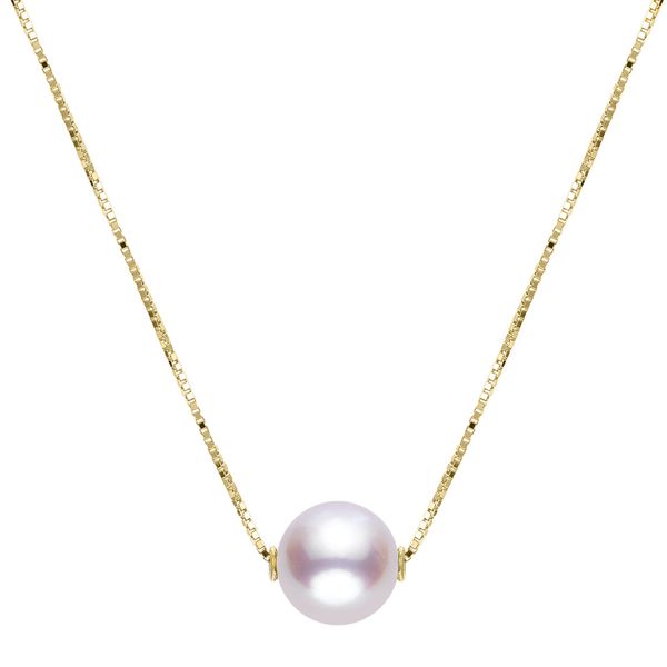 7.5mm Akoya Pearl floating solitaire pendant on 17inch 14k yellow gold box chain. For further product description, inquire on