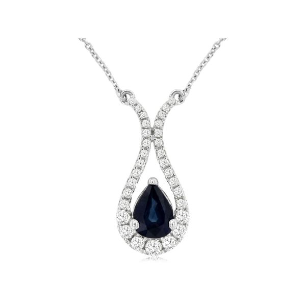 This unique sapphire pendant makes us think of a tulip with a beautiful .88 carat weight pear-shaped sapphire sitting in the 